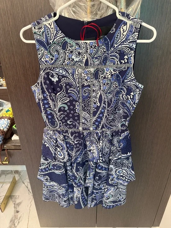 Cynthia Rowley Navy and White Paisley Tiered Mini Dress - Picture 4 of 17